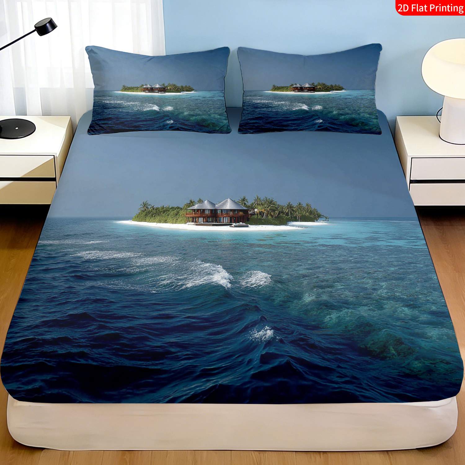 Fitted Bed Sheets Deep Pocket - 열대 섬 침구 세트 야자수와 물가