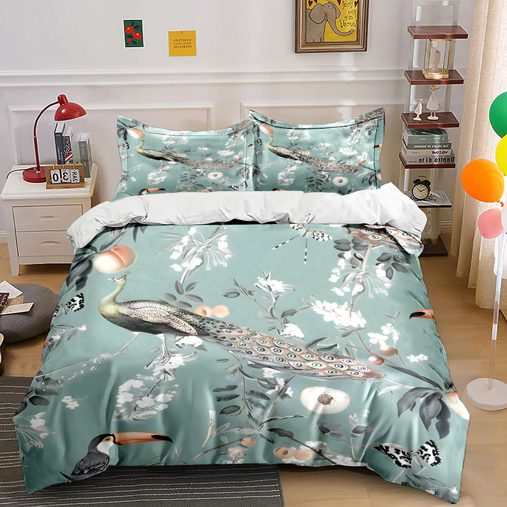 Aesthetic Floral Duvet Cover - 3PC 공작새 투칸 꽃무늬 침구 세트,열대