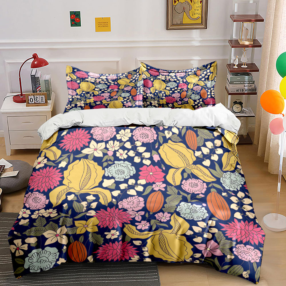 Duvet Cover Sets With Zipper - 다채로운 꽃과 잎 패턴 이불 커버