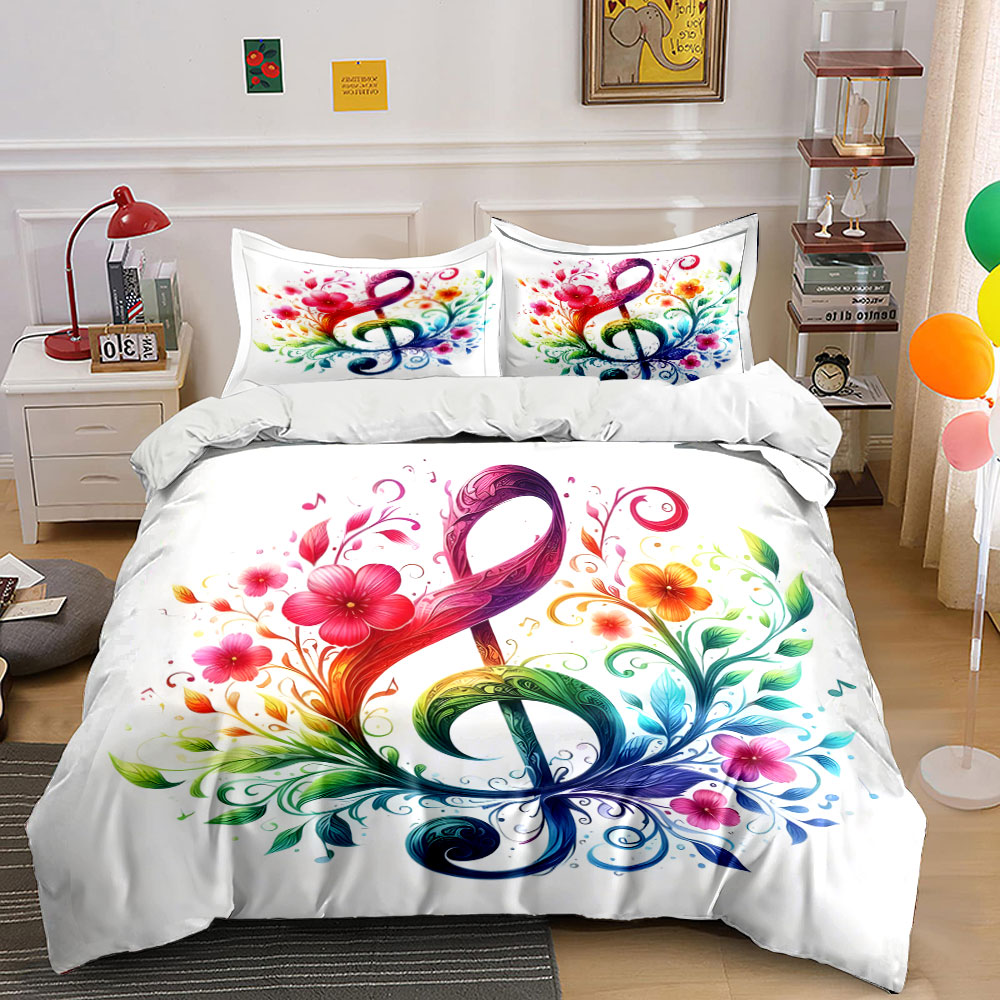 Duvet Cover Sets With Zipper - 활기 넘치는 꽃무늬와 음표 패턴이 얽힌