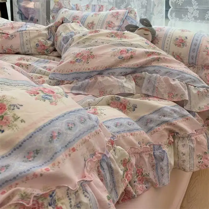 Aesthetic Floral Duvet Cover - 한국 스타일 공주 꽃 침구 세트
