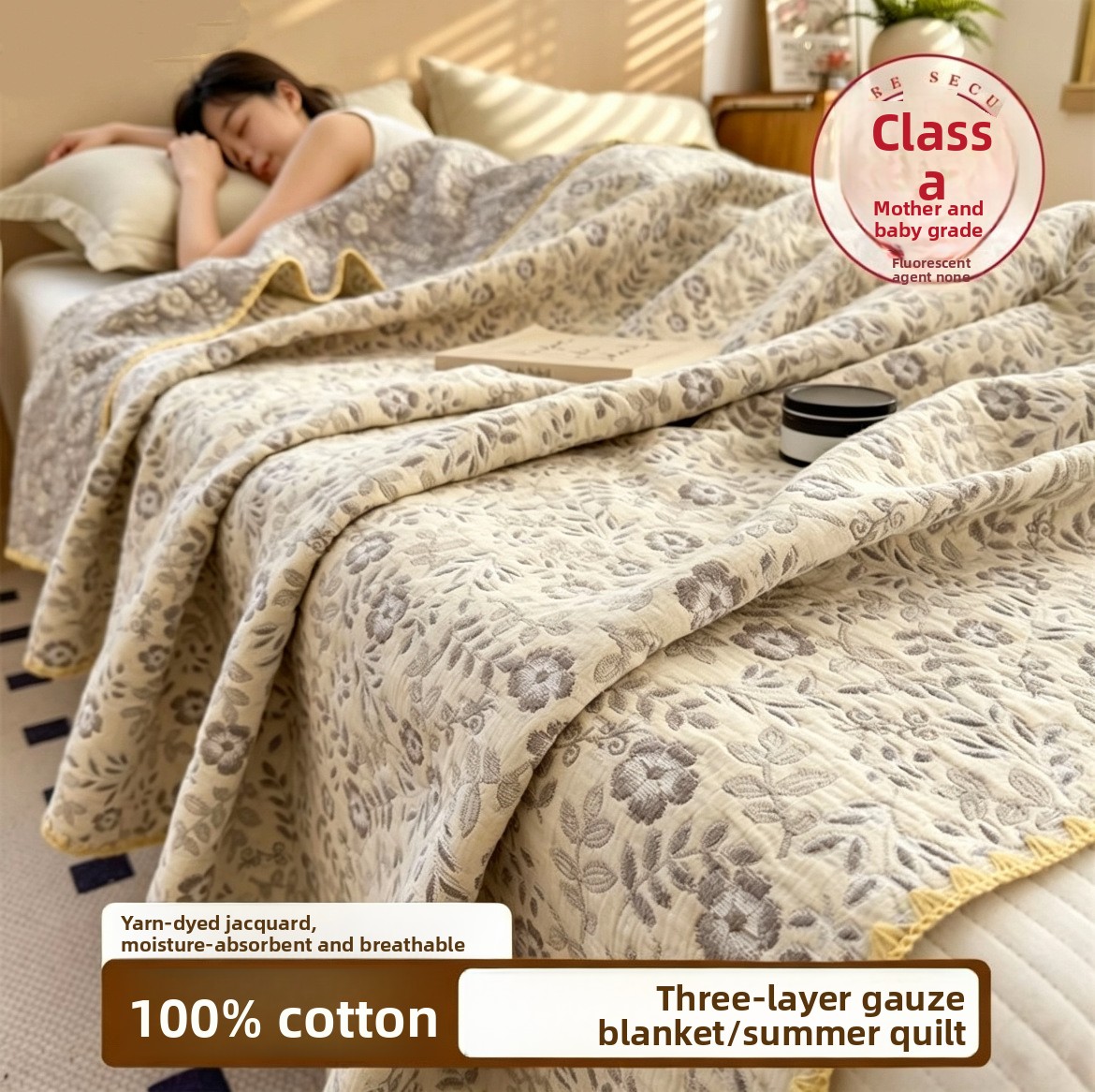 Muslin Cotton Bedspread - 100% 순면 무슬린 블랭킷 통기성 3중