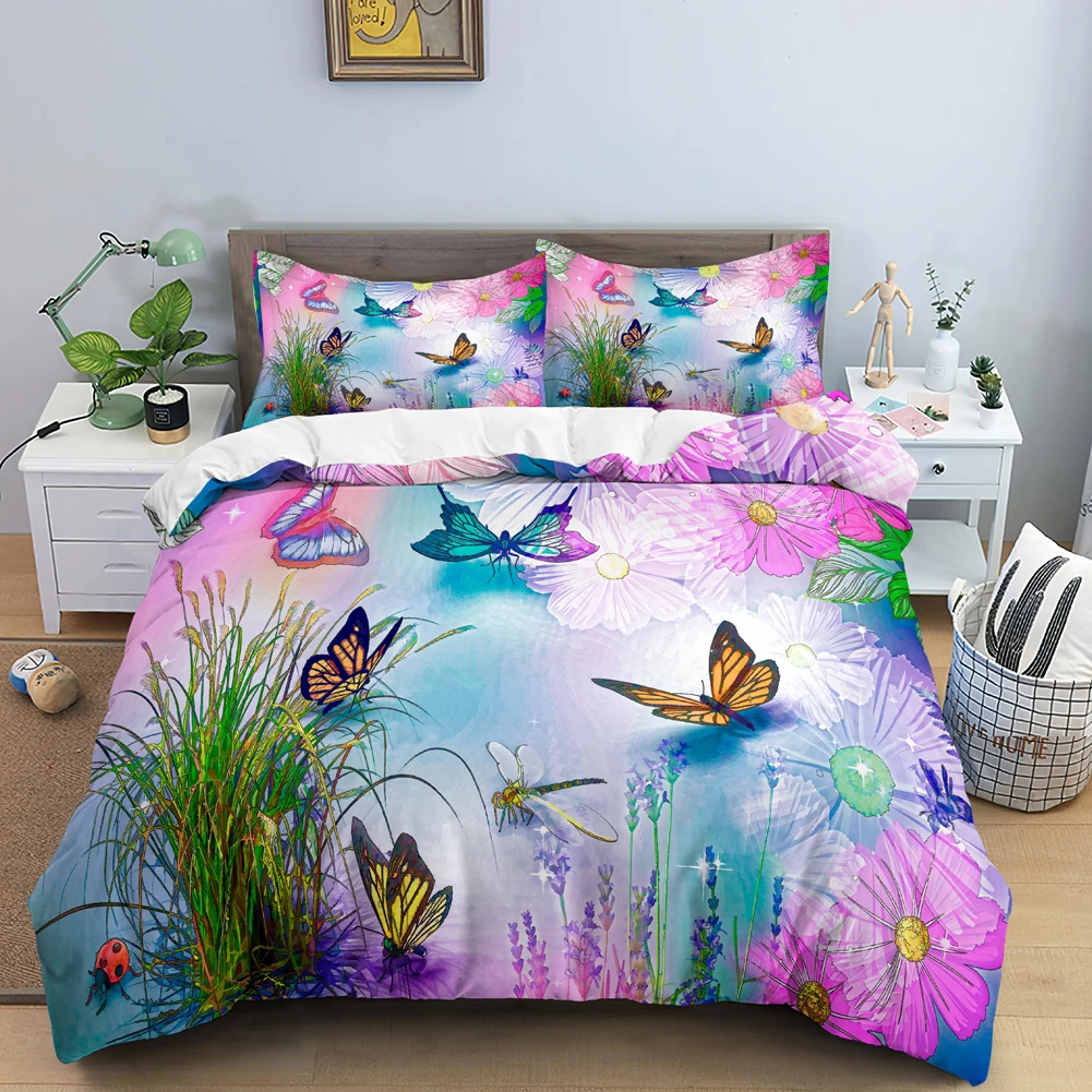 Duvet Cover Sets With Zipper - 나비 침구 세트 3D 꽃 이불