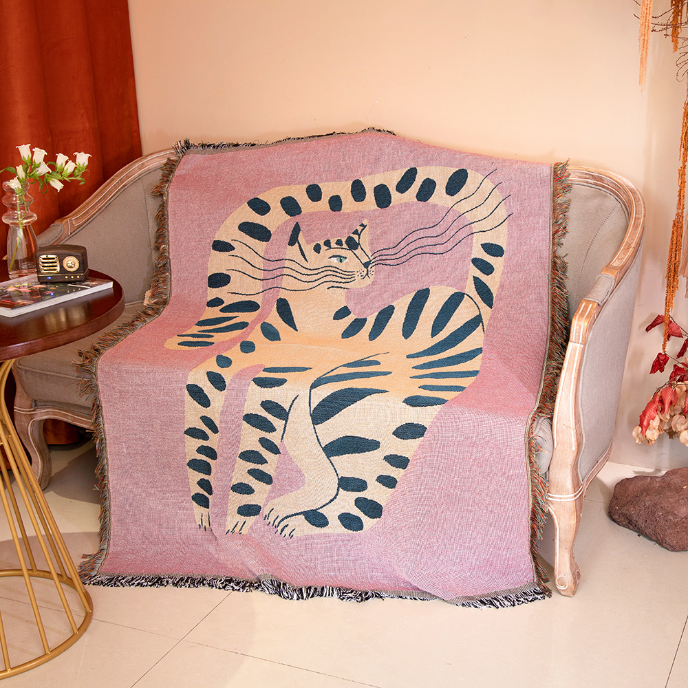 Boho Throw Blanket Fringe - 보헤미안 추상 고양이 자카드 담요, 예술적인