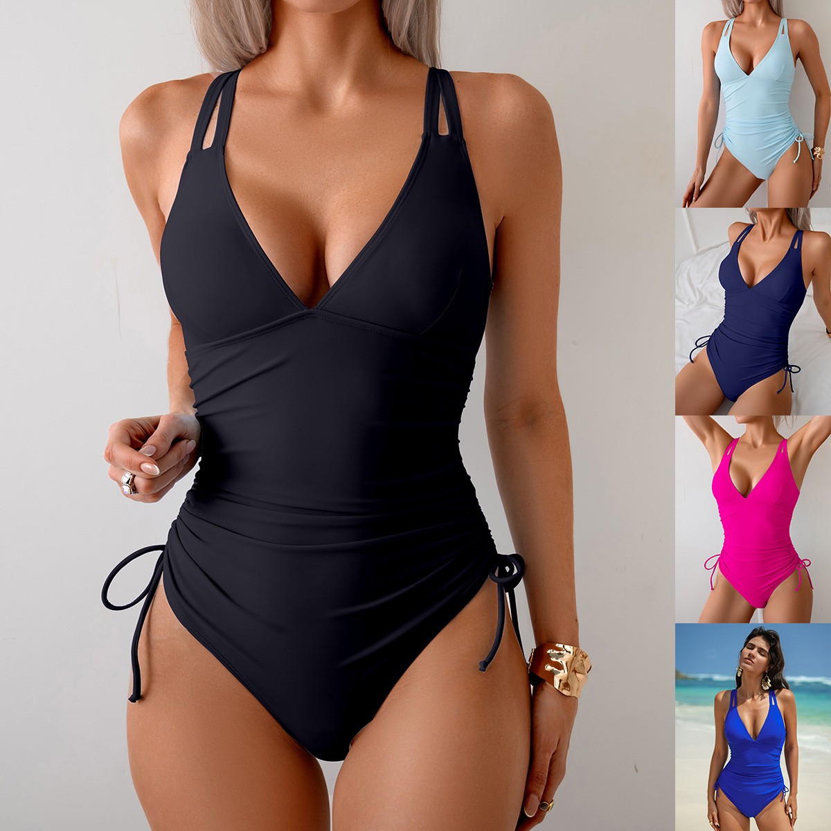 Bath - 솔리드 블랙 수영복 V넥 러치드 웨이스트