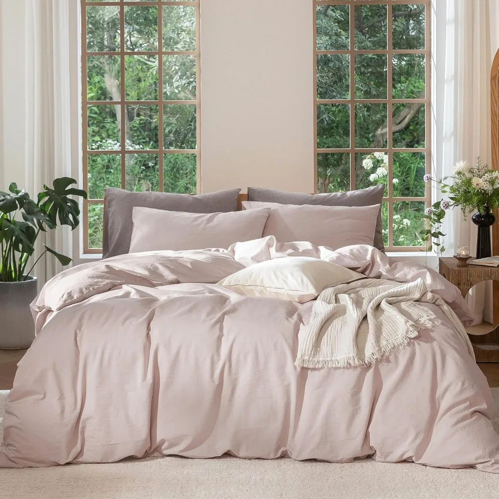 Duvet Cover Sets With Zipper - 100% 워싱 코튼 퀸 사이즈 이불