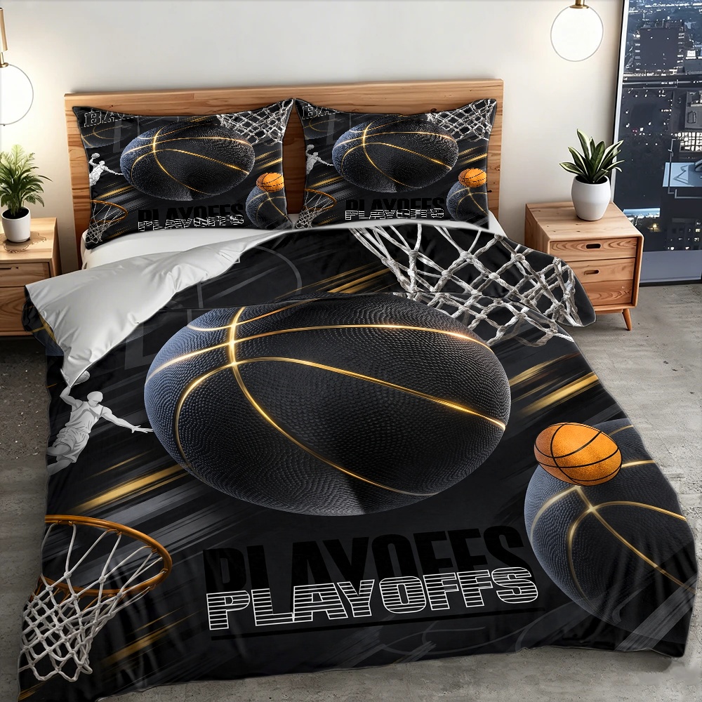 3피스 블랙&골드 농구 스타일 프린트 이불 커버 세트, - Duvet Cover Sets With Zipper 리뷰 및 가격