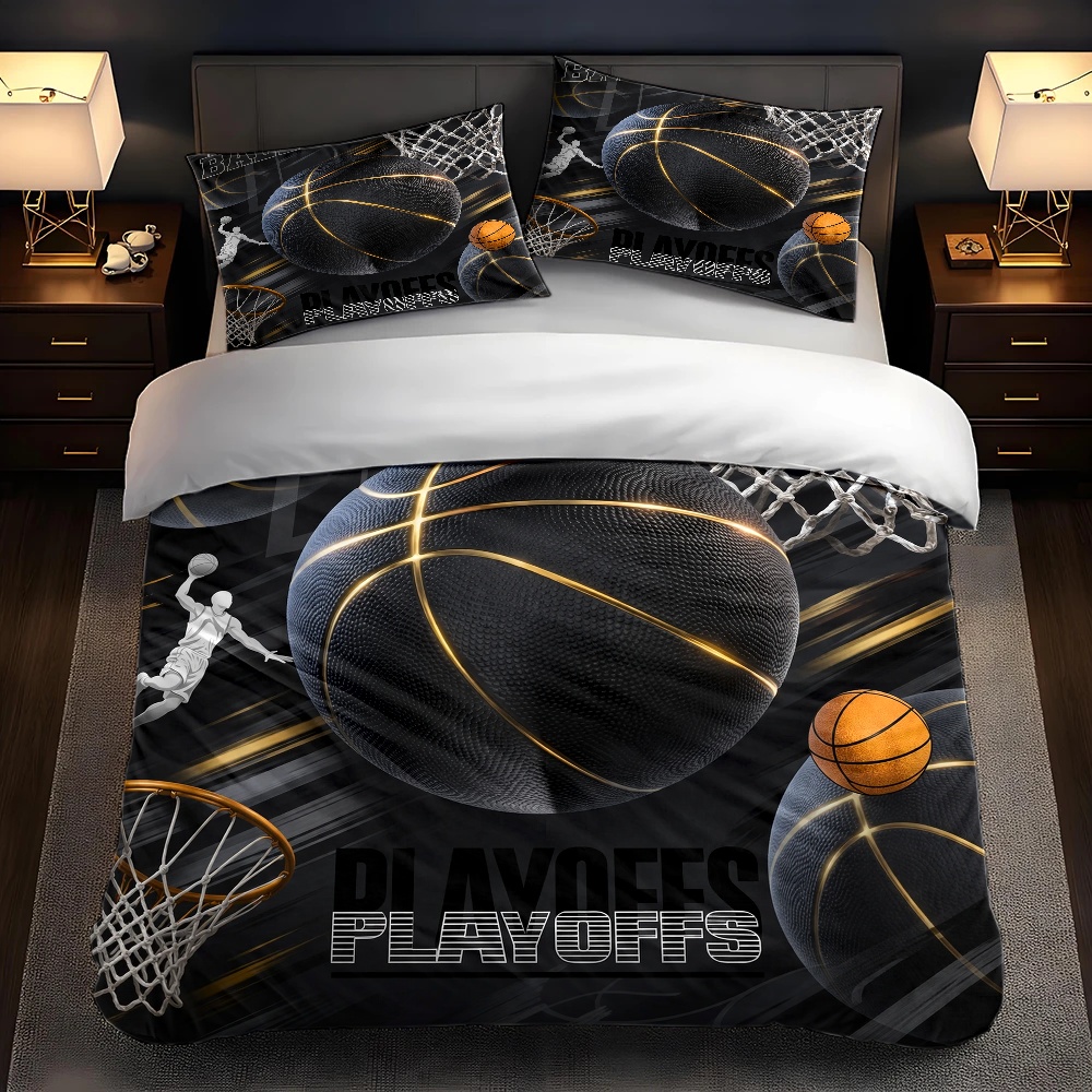 3피스 블랙&골드 농구 스타일 프린트 이불 커버 세트, - Duvet Cover Sets With Zipper 리뷰 및 가격