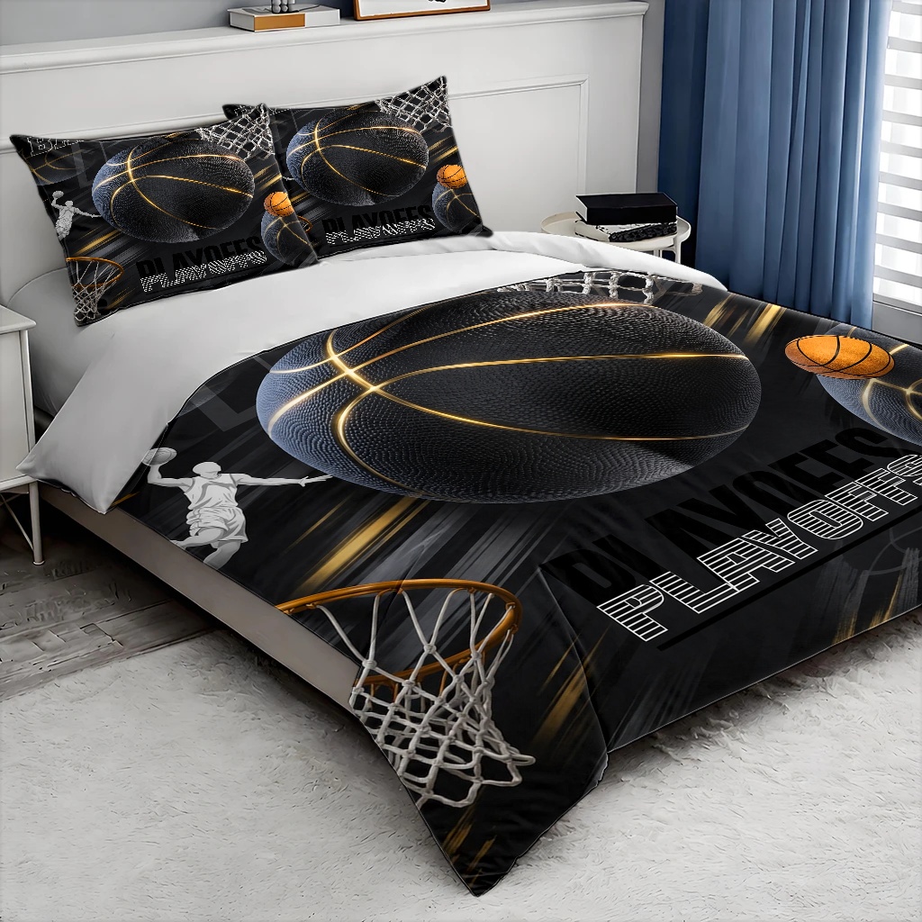 3피스 블랙&골드 농구 스타일 프린트 이불 커버 세트, - Duvet Cover Sets With Zipper 리뷰 및 가격