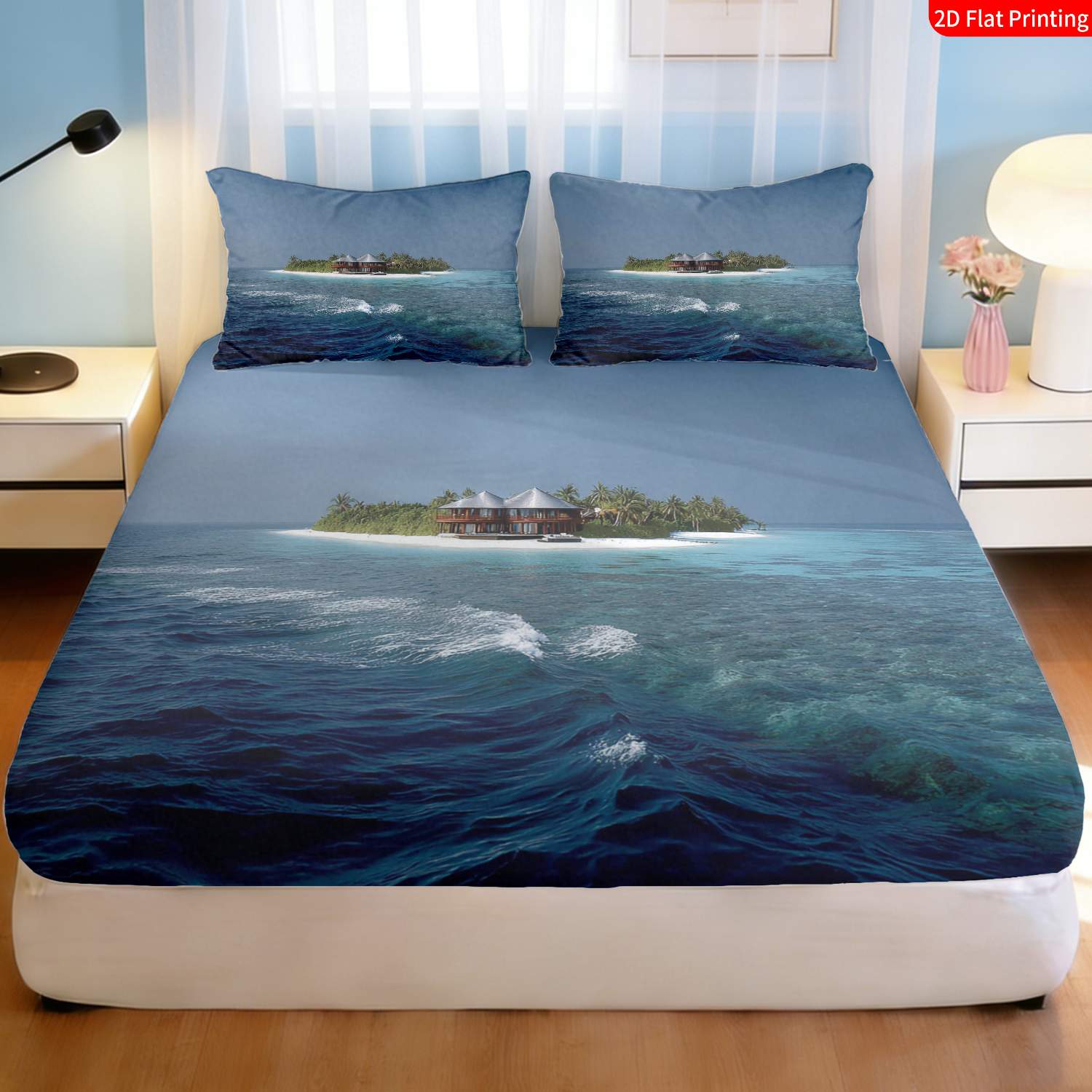 열대 섬 침구 세트 야자수와 물가 오두막 프린트 침대  - Fitted Bed Sheets Deep Pocket 리뷰 및 가격