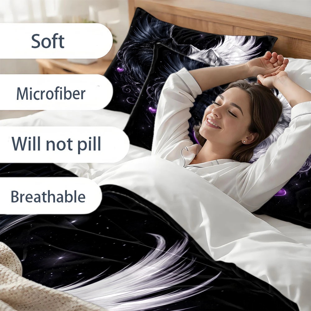 3피스 인기 블랙 앤 화이트 더블 울프 하트 프린트 이 - Duvet Cover Sets With Zipper 리뷰 및 가격
