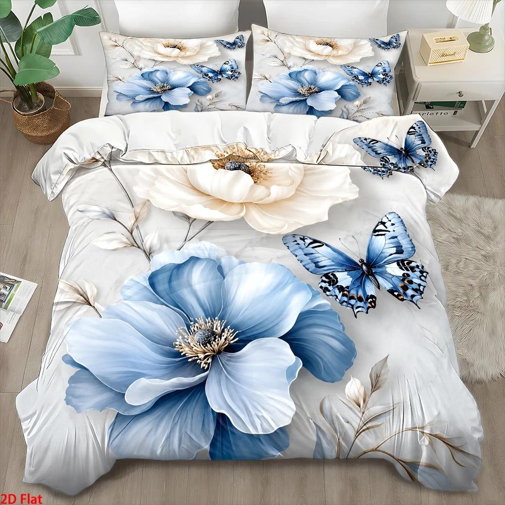 3피스 라이트 럭셔리 스타일 블루 앤 화이트 플로럴 버 - Duvet Cover Sets With Zipper 리뷰 및 가격