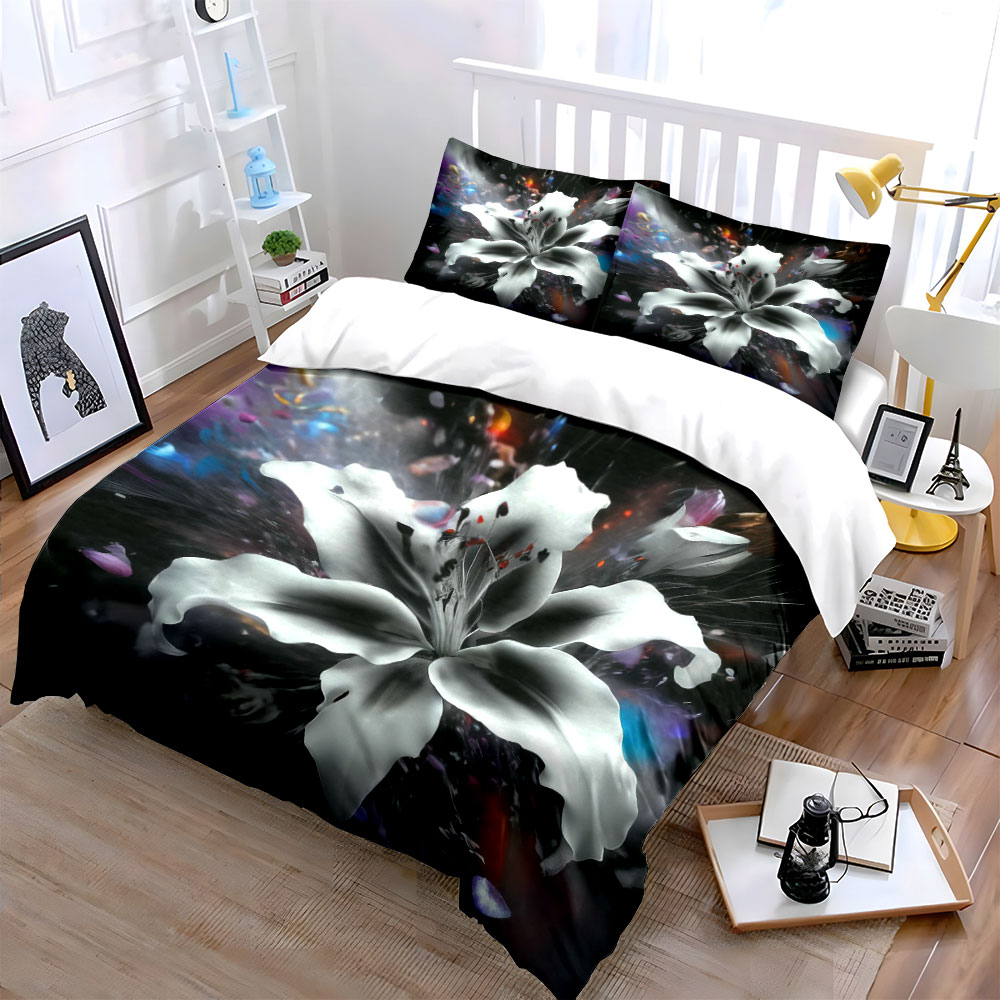 추상적인 흰색 백합 꽃 침구 세트 3개, 검은색 배경  - Aesthetic Floral Duvet Cover 리뷰 및 가격