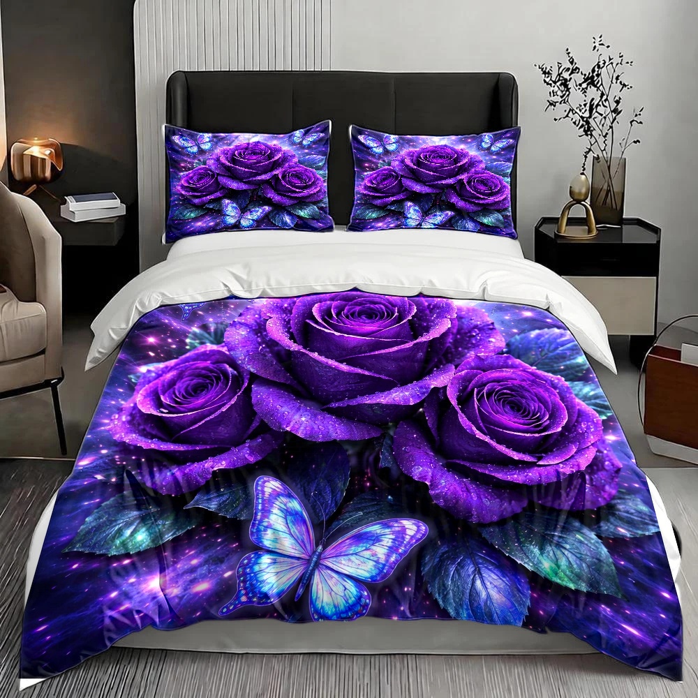 3피스 몽환적인 퍼플 로즈 블루 나비 이불 커버 세트, - Duvet Cover Sets With Zipper 리뷰 및 가격