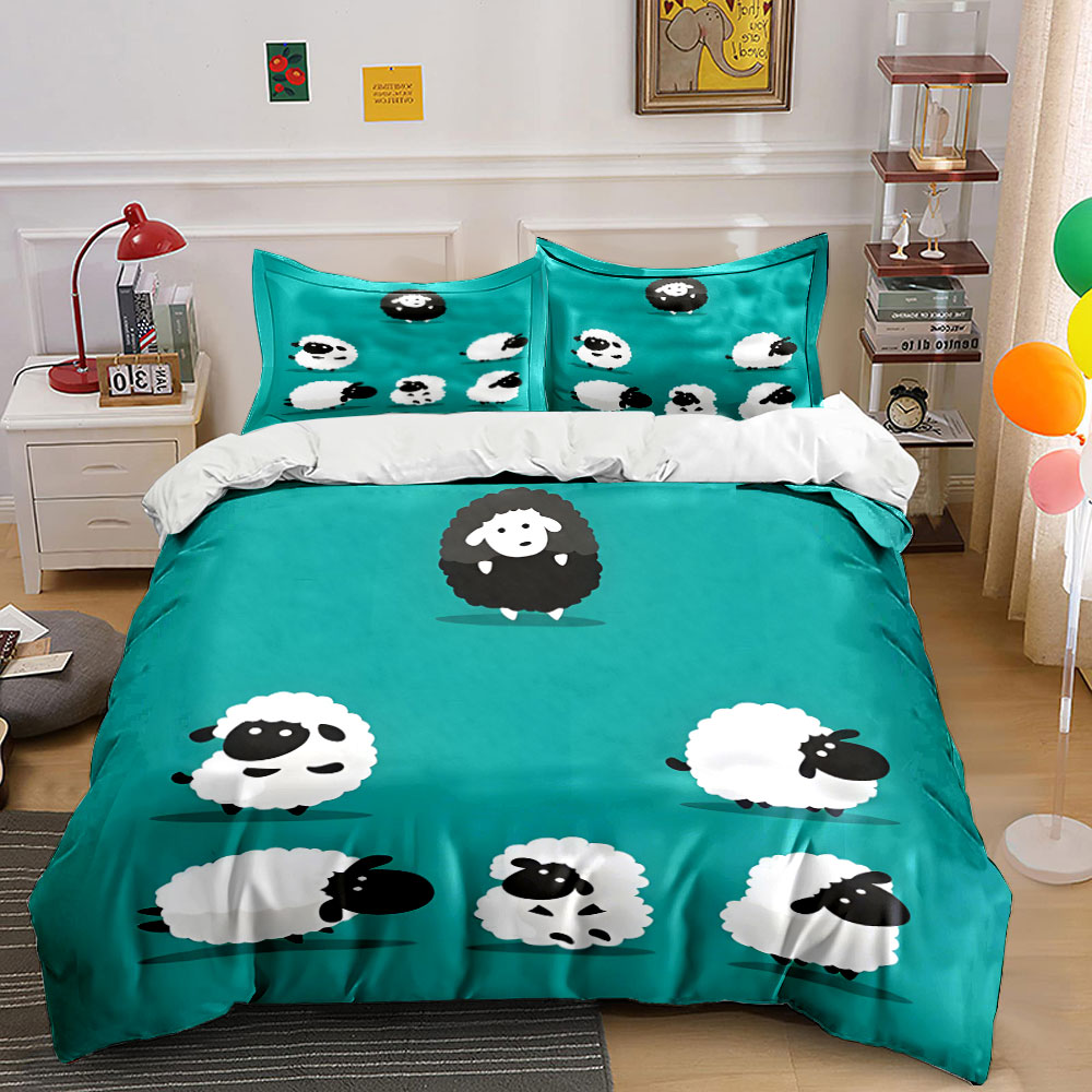 만화 양과 검은색 패턴 이불 커버 세트 디지털 프린트  - Duvet Cover Sets With Zipper 리뷰 및 가격