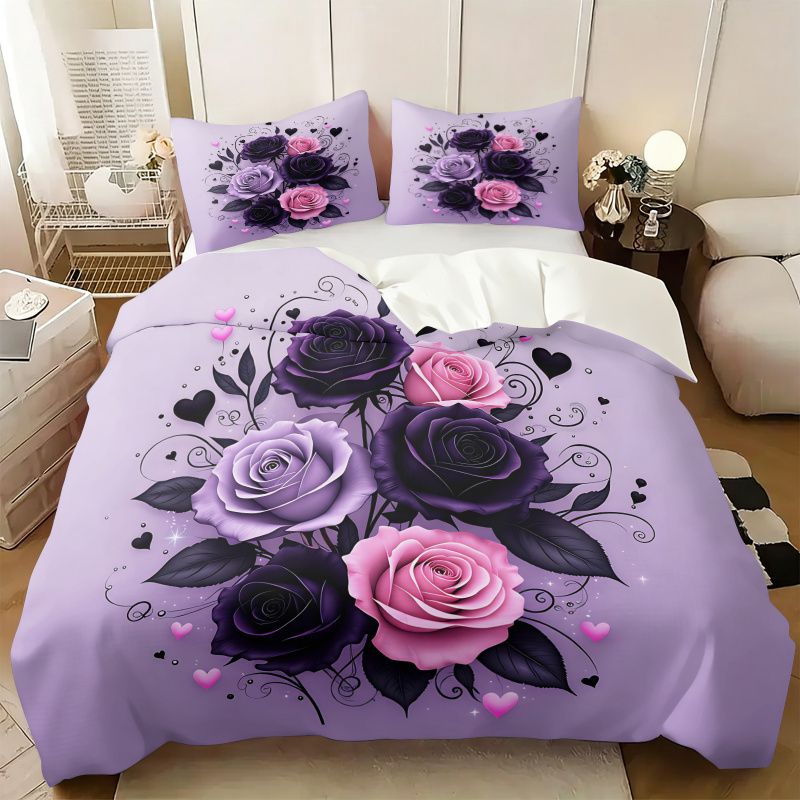 퍼플 블랙 핑크 로즈 하트 이불 커버 세트 고딕 플로럴 - Aesthetic Floral Duvet Cover 리뷰 및 가격