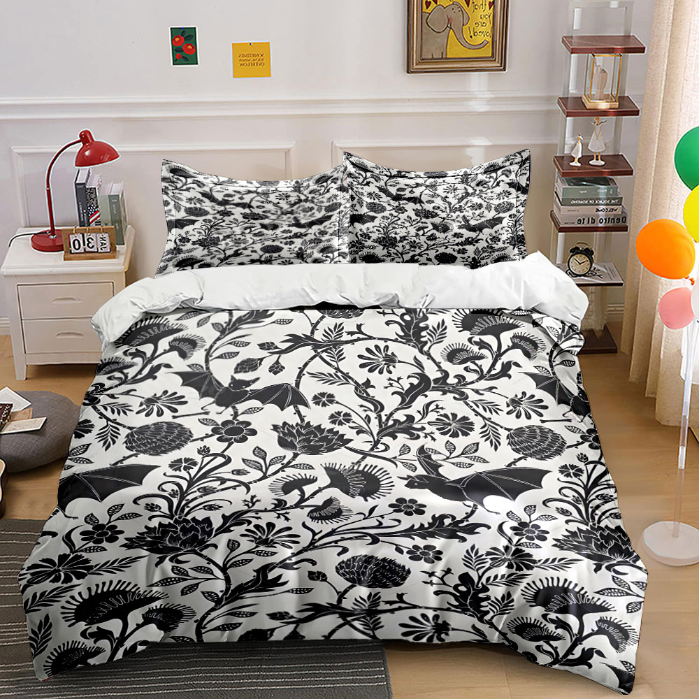 검은색 박쥐와 꽃무늬가 얽힌 패턴 이불 커버 세트 디지 - Duvet Cover Sets With Zipper 리뷰 및 가격
