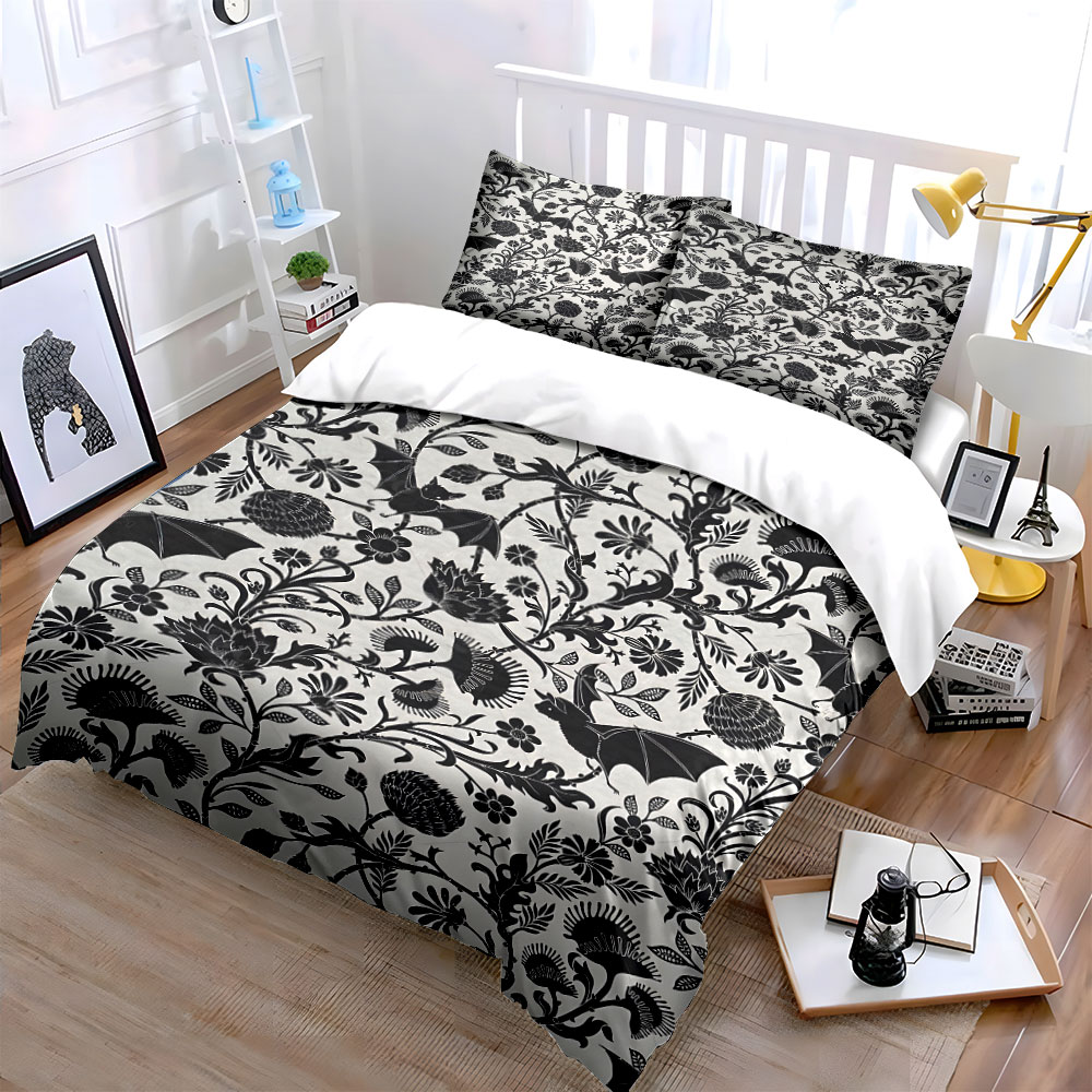 검은색 박쥐와 꽃무늬가 얽힌 패턴 이불 커버 세트 디지 - Duvet Cover Sets With Zipper 리뷰 및 가격