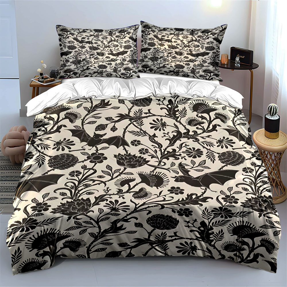 검은색 박쥐와 꽃무늬가 얽힌 패턴 이불 커버 세트 디지 - Duvet Cover Sets With Zipper 리뷰 및 가격