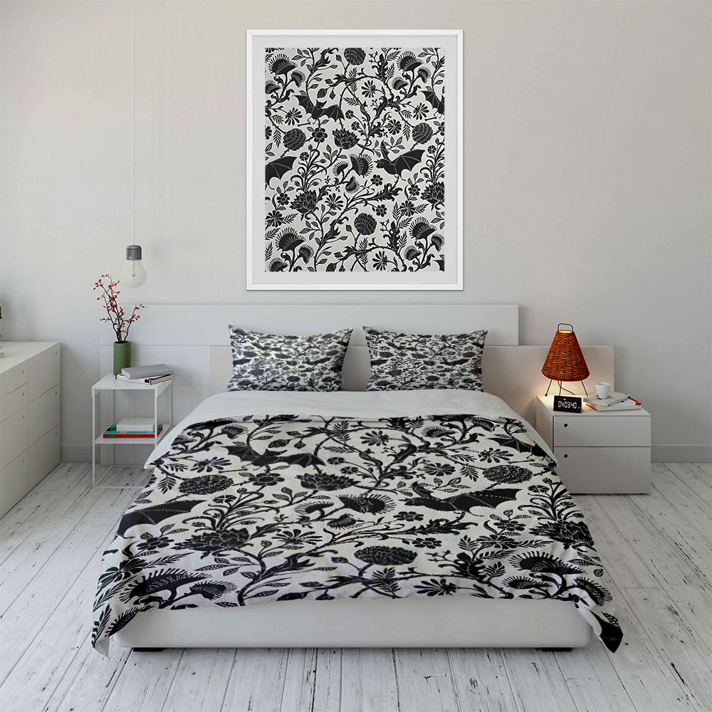 검은색 박쥐와 꽃무늬가 얽힌 패턴 이불 커버 세트 디지 - Duvet Cover Sets With Zipper 리뷰 및 가격